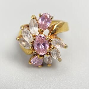 Pink Marquise Cluster Cocktail Ring Gold Tone Size 5.5
